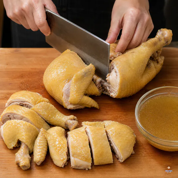 A cleaver cuts fully cooked pale-golden chicken into skin-on chunks beside a bowl of reserved cooking juice
