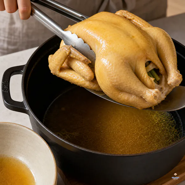 A cooked pale-golden whole chicken is lifted from its pot while the amber cooking liquid remains visible below