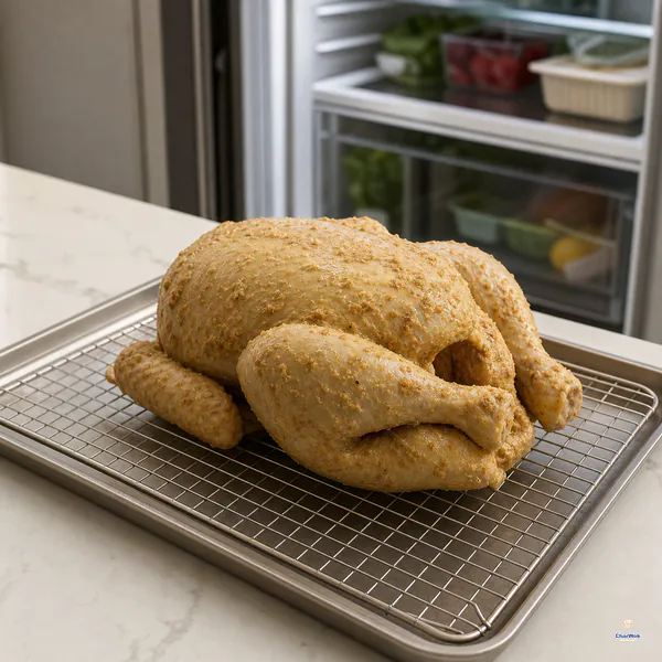 A fully seasoned raw chicken rests uncovered on a wire rack and tray beside an open refrigerator