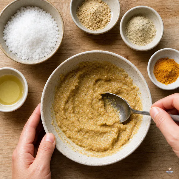 A thick grainy paste of coarse salt, sand ginger, white pepper, optional turmeric and oil is mixed in a ceramic bowl