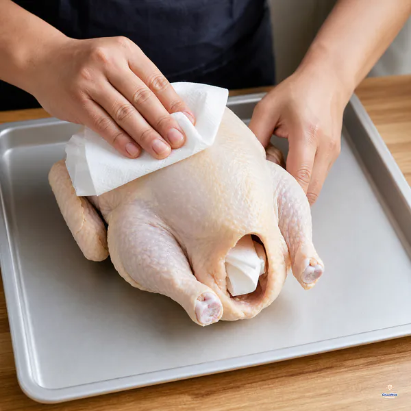 Paper towels pat the skin and open cavity of a whole raw chicken completely dry on a rimmed tray