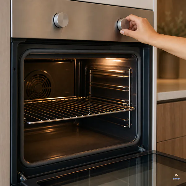 A clean empty oven is switched on with its rack set in the middle position