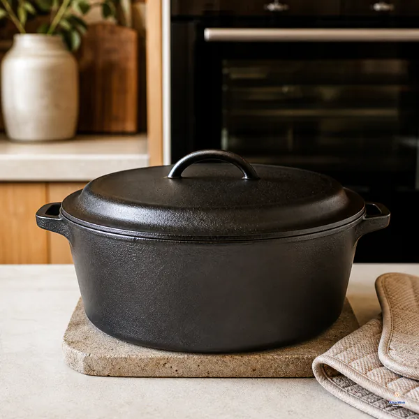 The closed black roasting pot rests undisturbed on a stone trivet beside folded oven mitts