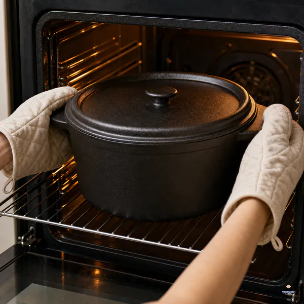Oven-mitted hands place a tightly covered black pot onto the middle rack of a hot oven