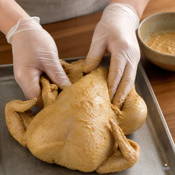 Gloved hands rub a thin golden seasoning paste over the whole raw chicken and into its cavity