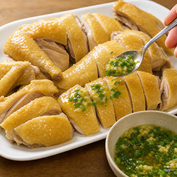 Ginger-scallion sauce is spooned over carved pale-golden chicken with a separate dipping bowl beside the platter