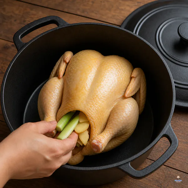 Scallion sections and ginger slices are inserted into a seasoned whole chicken sitting breast-up in a black lidded pot