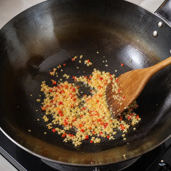 Minced garlic, ginger and fresh red chili sizzle in only a thin sheen of oil as the garlic edges turn pale gold