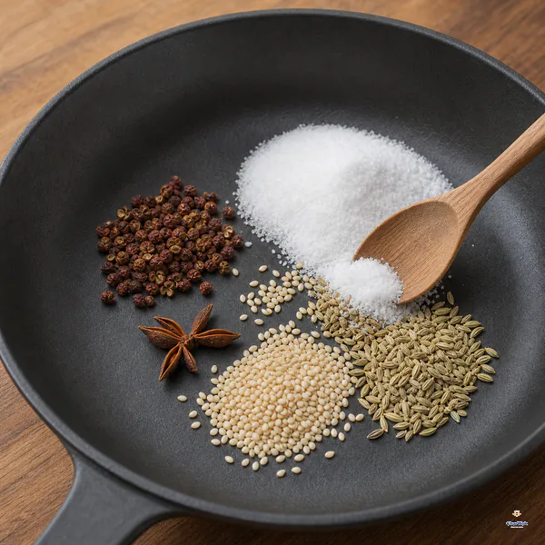 Separate piles of whole Sichuan peppercorns, a broken half star anise, sesame seeds, fennel seeds and fine salt sit in an unheated dry skillet
