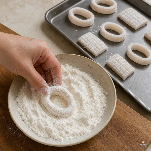 One wet-coated raw squid ring is pressed into a pale dry flour and cornstarch mix while finished pieces wait separately on a tray