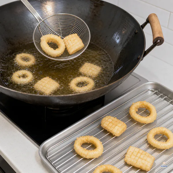 An uncrowded batch of lightly golden squid is lifted from bubbling oil onto a wire rack where drained pieces lie in one separated layer