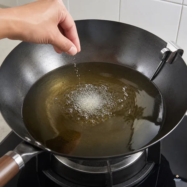 A tiny pinch of dry coating immediately floats in a dense cluster of bubbles on clear hot oil in a deep Chinese wok