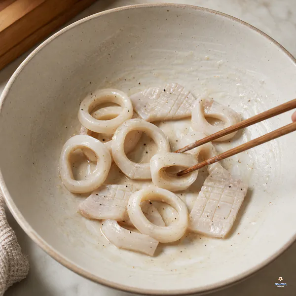 Raw squid rings and scored pieces carry a thin translucent wet flour coating in a bowl whose bottom remains mostly exposed