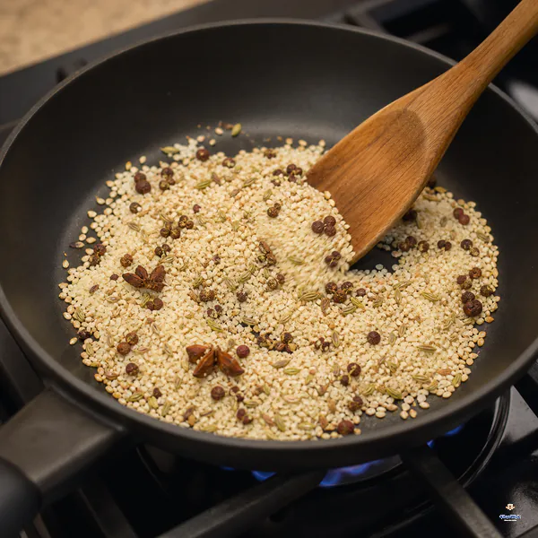 A wooden spoon stirs dry Sichuan pepper, star anise, sesame, fennel and salt over a low flame as the salt turns faint yellow