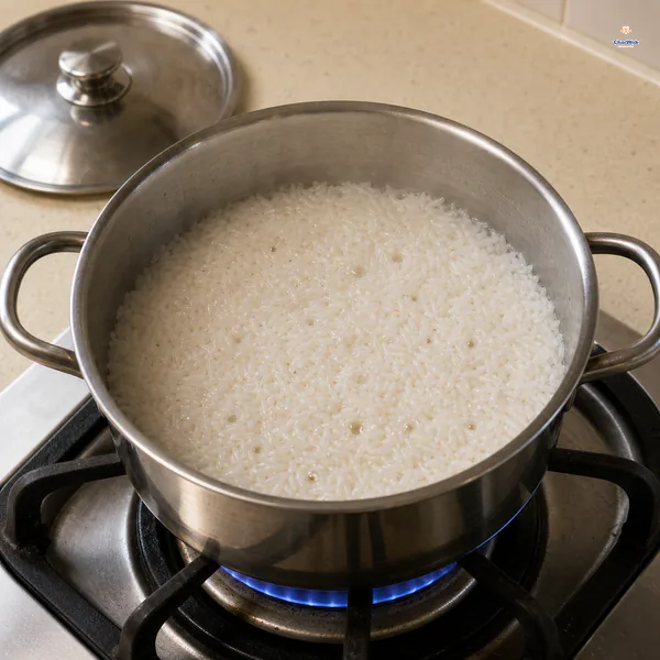 Wet jasmine rice grains break the surface of an uncovered heavy saucepan with tiny steam holes and no standing water above them