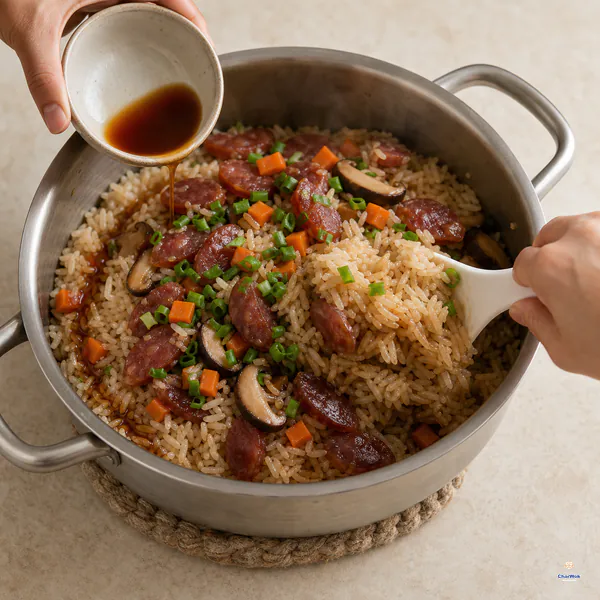 Thin sauce pours around the edge of an off-heat pot while a rice spatula lifts sausage rice from the bottom through chopped scallion greens