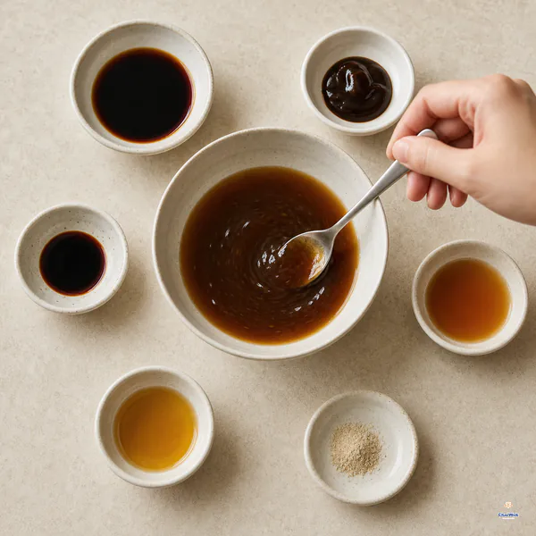 A hand stirs a thin brown sauce beside six separate bowls of light soy, dark soy, oyster sauce, Shaoxing wine, sesame oil and white pepper