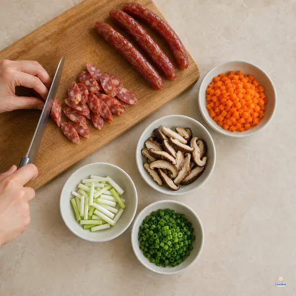 Three whole lap cheong and slices from the fourth sit beside separate bowls of diced carrot, sliced shiitake, scallion whites and chopped greens