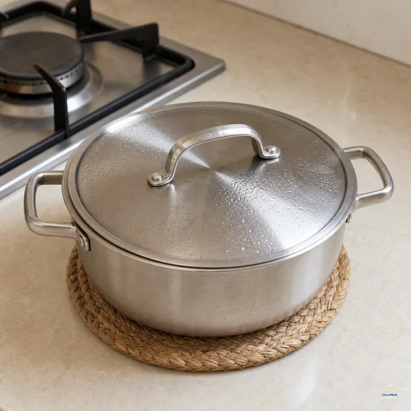 A tightly covered stainless saucepan rests undisturbed on a woven trivet beside a visibly unlit burner