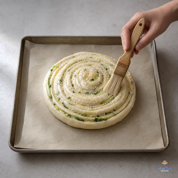 A raw spiral scallion dough disc rests on parchment while its three-centimetre-thick surface receives a thin oil coat and white sesame