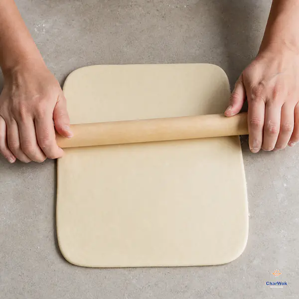 Two hands roll gently deflated yeast dough into one even rectangular sheet on a lightly floured stone worktop