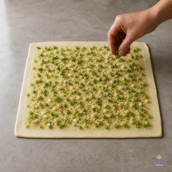 Finely chopped scallion and five-spice are scattered evenly over a thinly oiled rectangular dough sheet with a clean dry edge
