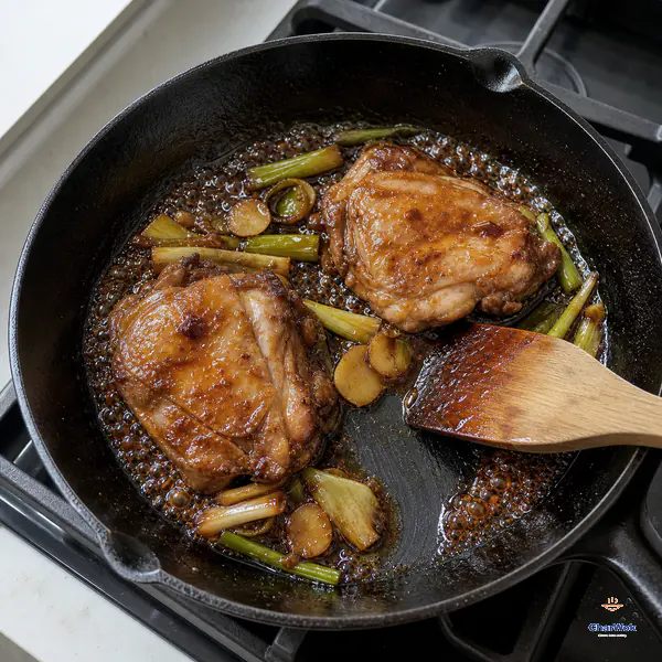 Chicken thighs reduce skin-side down with scallions and ginger as a wooden spatula draws a brief clean path through the bubbling glaze