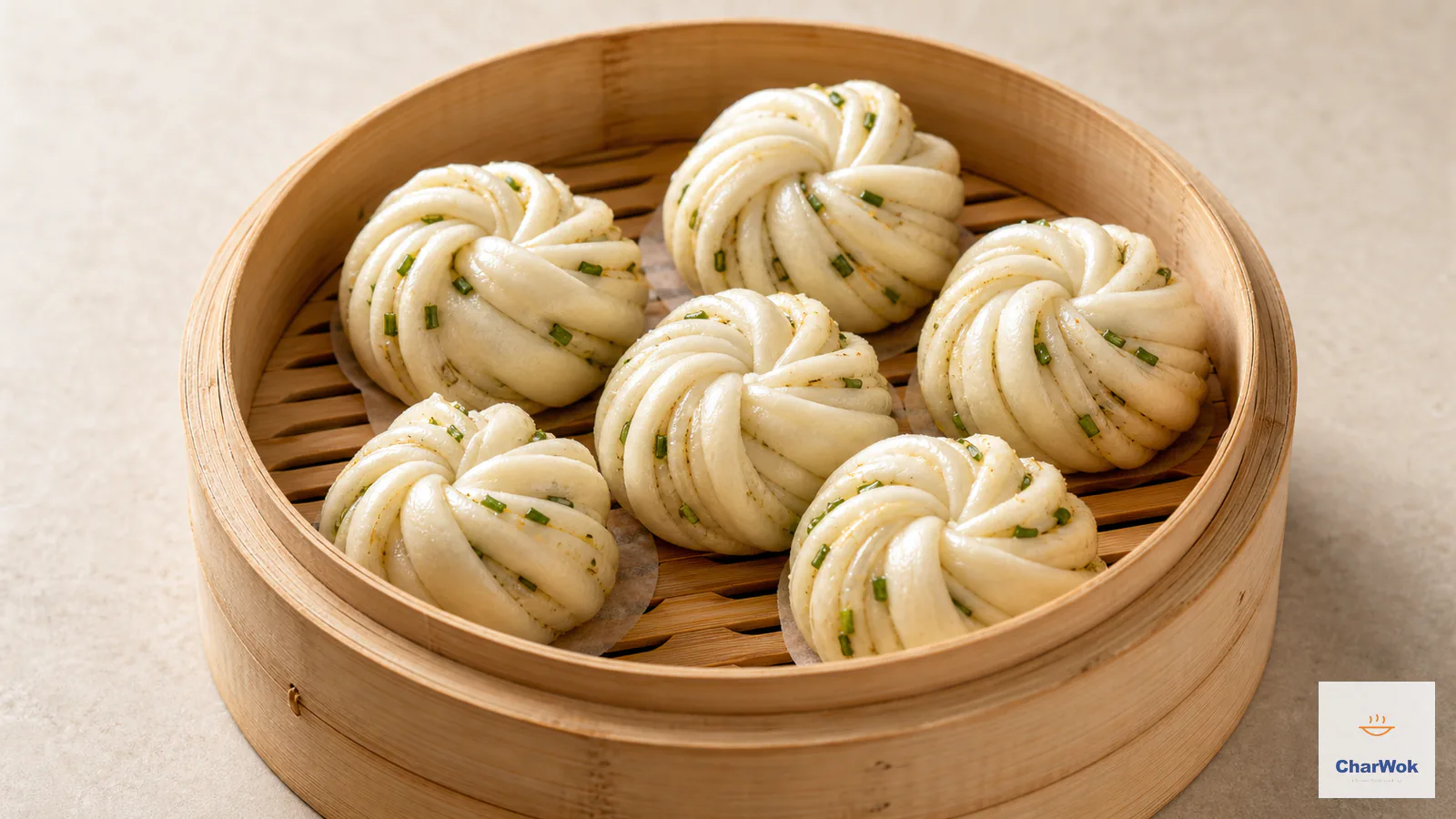 Steamed scallion flower rolls with pale fluffy layers and green scallion spirals