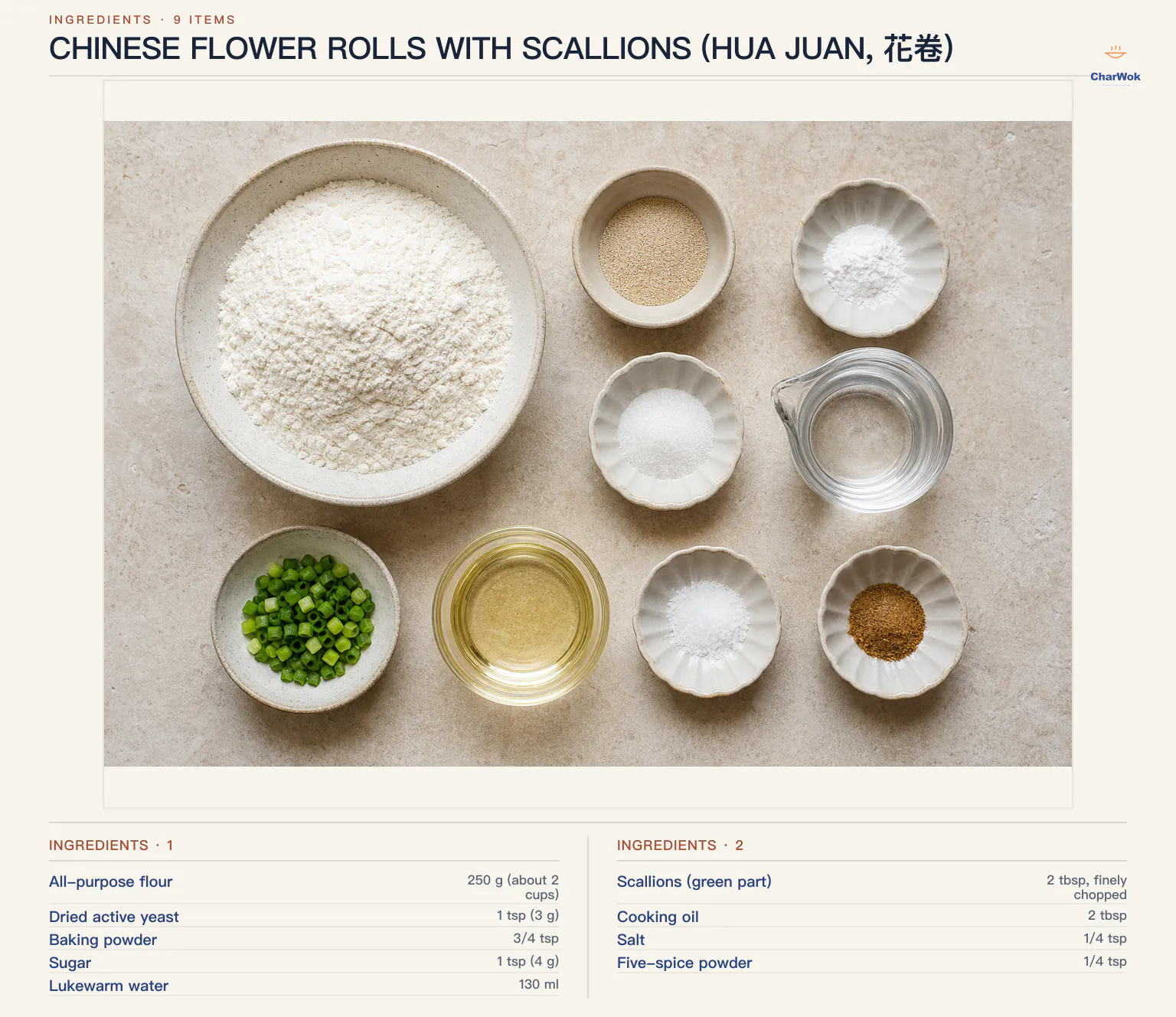 Ingredients for Chinese flower rolls with scallions (Hua Juan, 花卷), arranged in a top-down flat lay