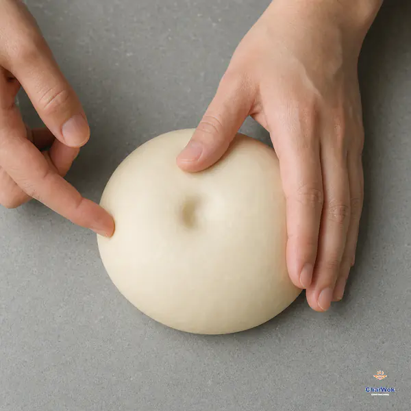 A fingertip presses a smooth round dough ball and leaves a shallow dent that rebounds slowly
