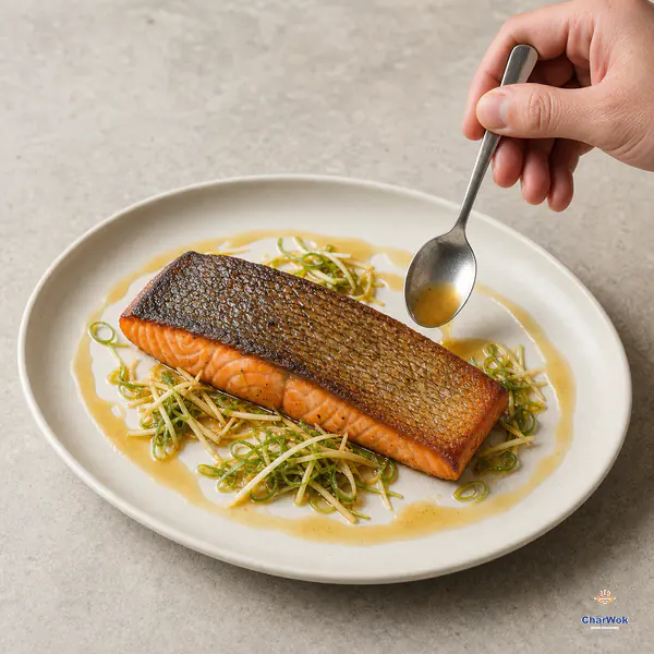Soy dressing is spooned around a plated salmon fillet while its deep golden crisp skin remains dry on top