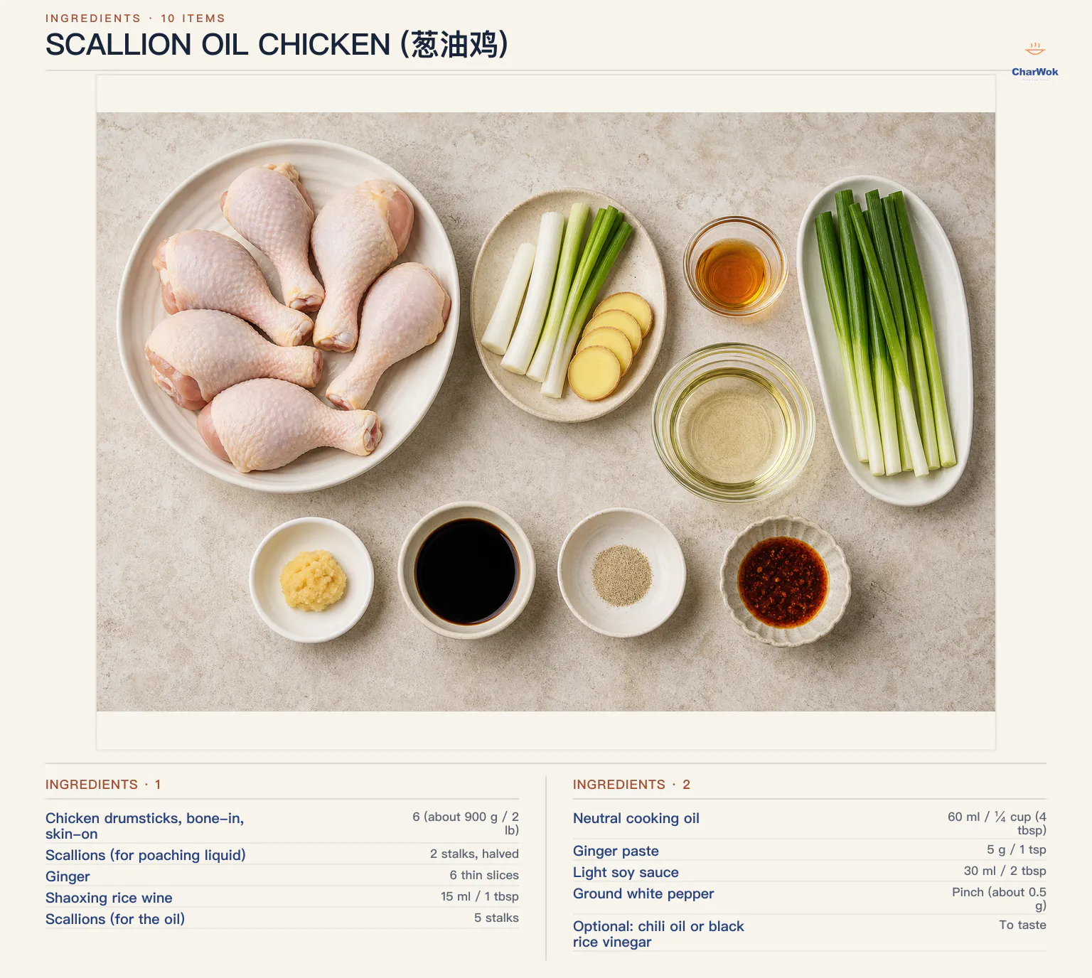 Ingredients for Scallion Oil Chicken (葱油鸡), arranged in a top-down flat lay
