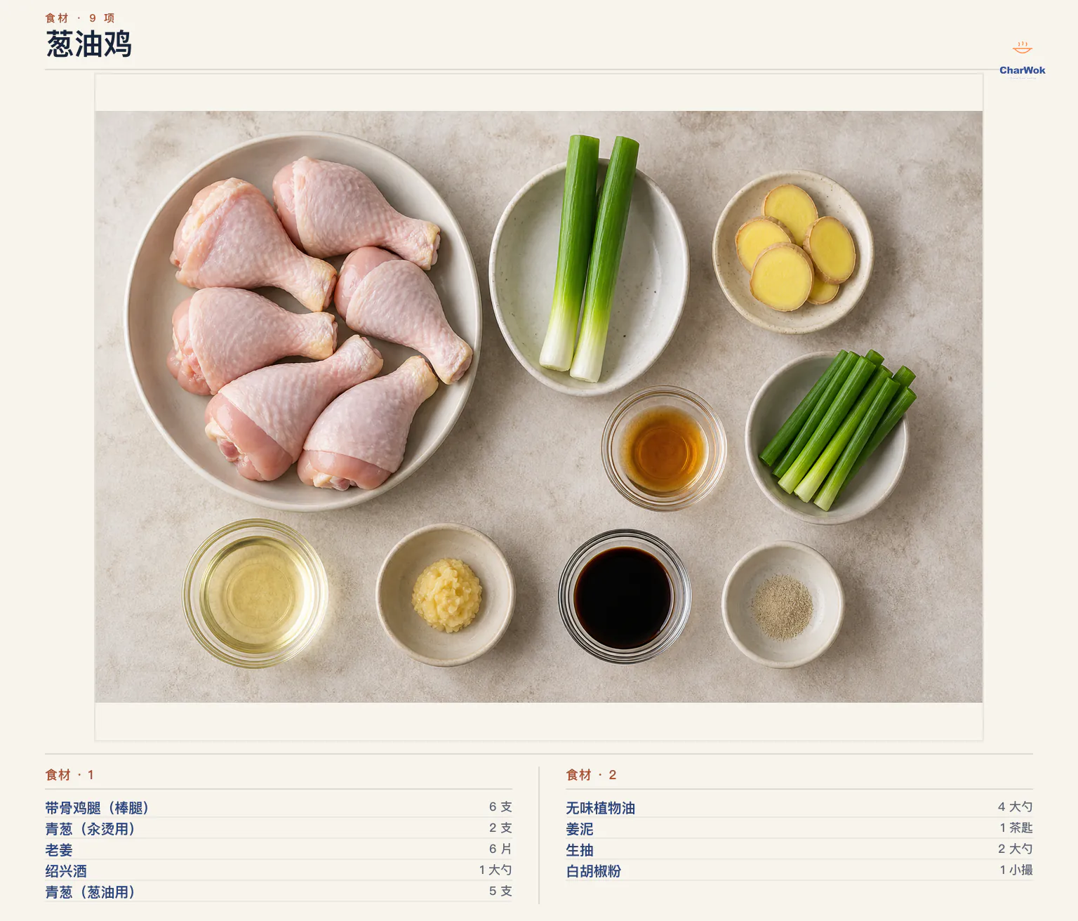 葱油鸡完整食材俯拍平铺图