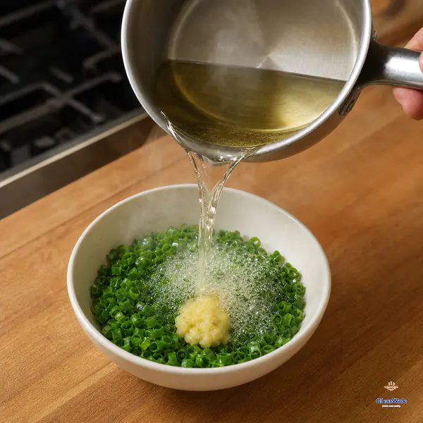 Clear shimmering scallion-infused oil pours over chopped scallion greens and ginger paste with a fierce cloud of tiny bubbles