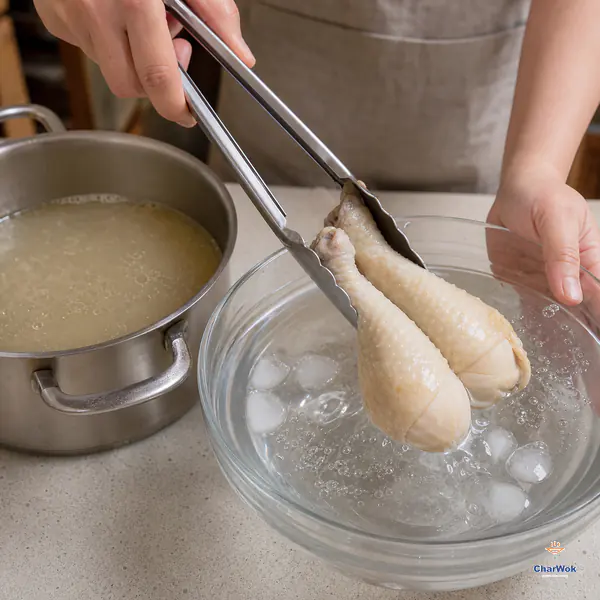 Two pale poached chicken drumsticks are lowered from their light stock into a clear bowl of ice water