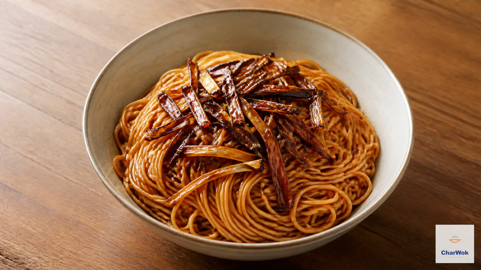 Bowl of glossy chestnut-brown scallion oil noodles topped with crisp fried scallion sections