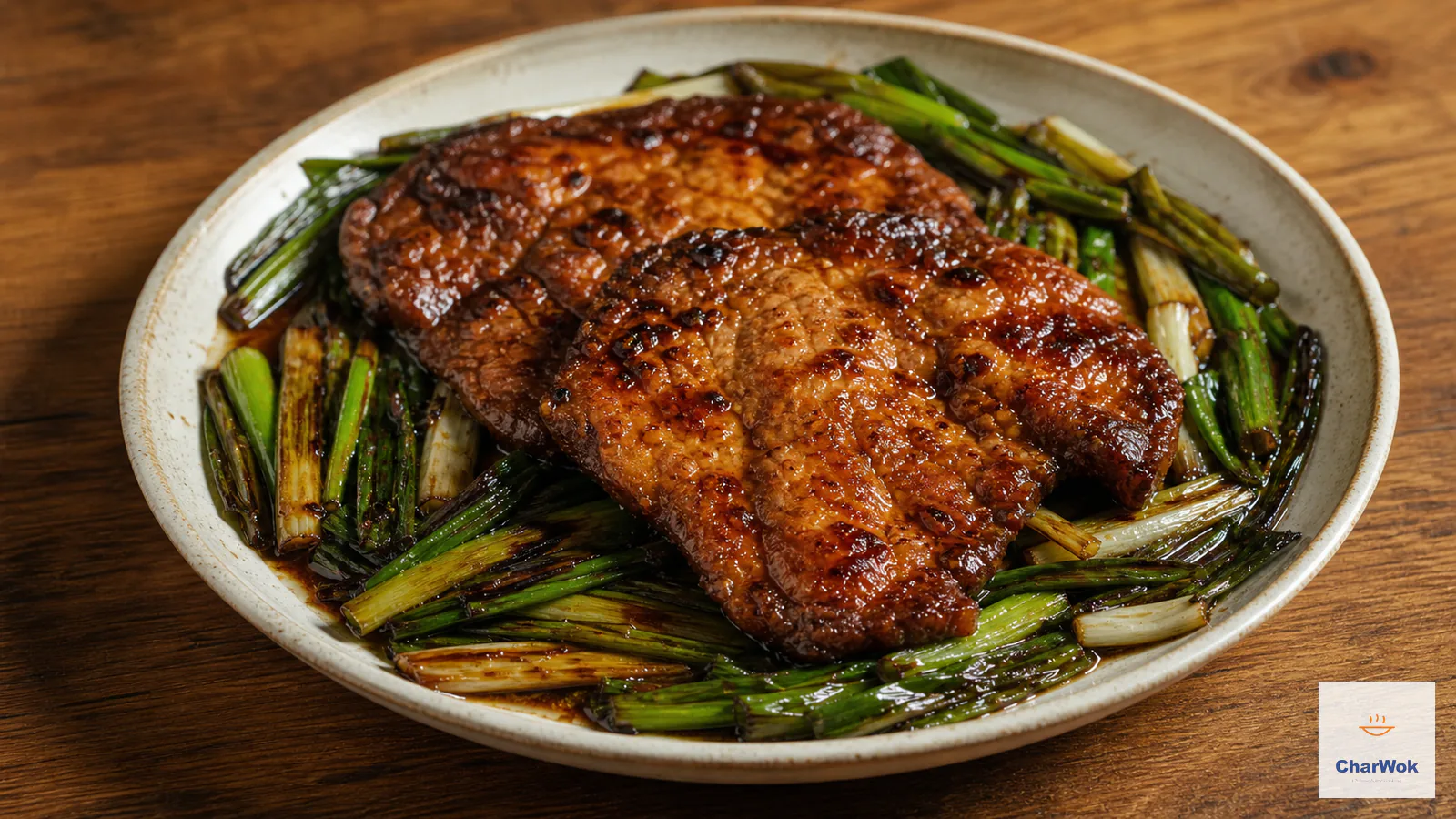Shanghai scallion pork chops glazed dark and glossy with softened scallion segments