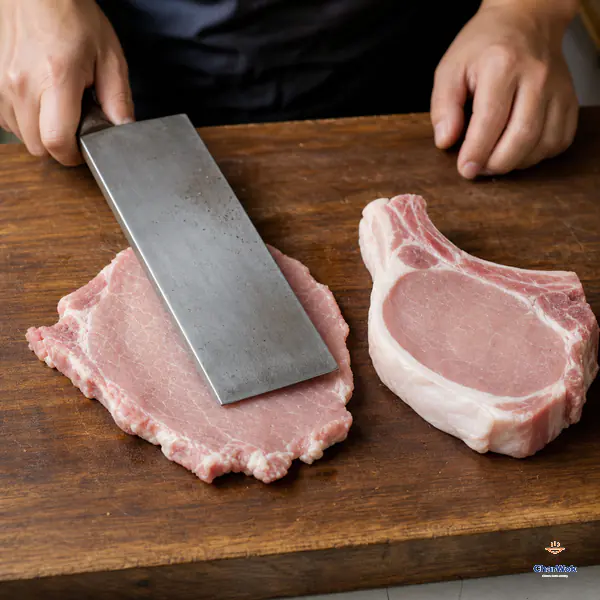 A broad cleaver spine flattens one raw bone-in pork chop beside an untouched chop that remains about twice as thick