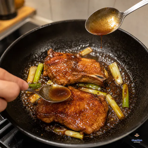 Two thin pork chops bubble vigorously with scallions while one spoon bastes and another holds a glossy sauce film with one slow drip