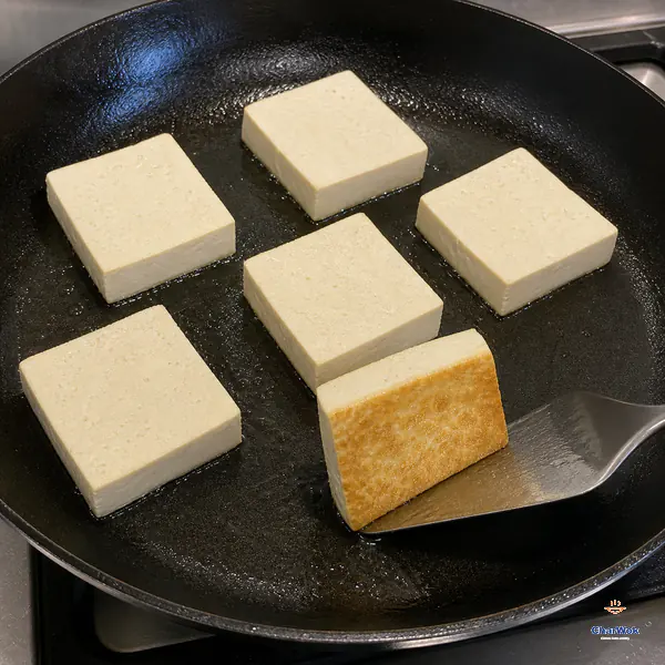 Six thick tofu slabs fry separately in one layer as a spatula lifts one piece to reveal an intact even golden face