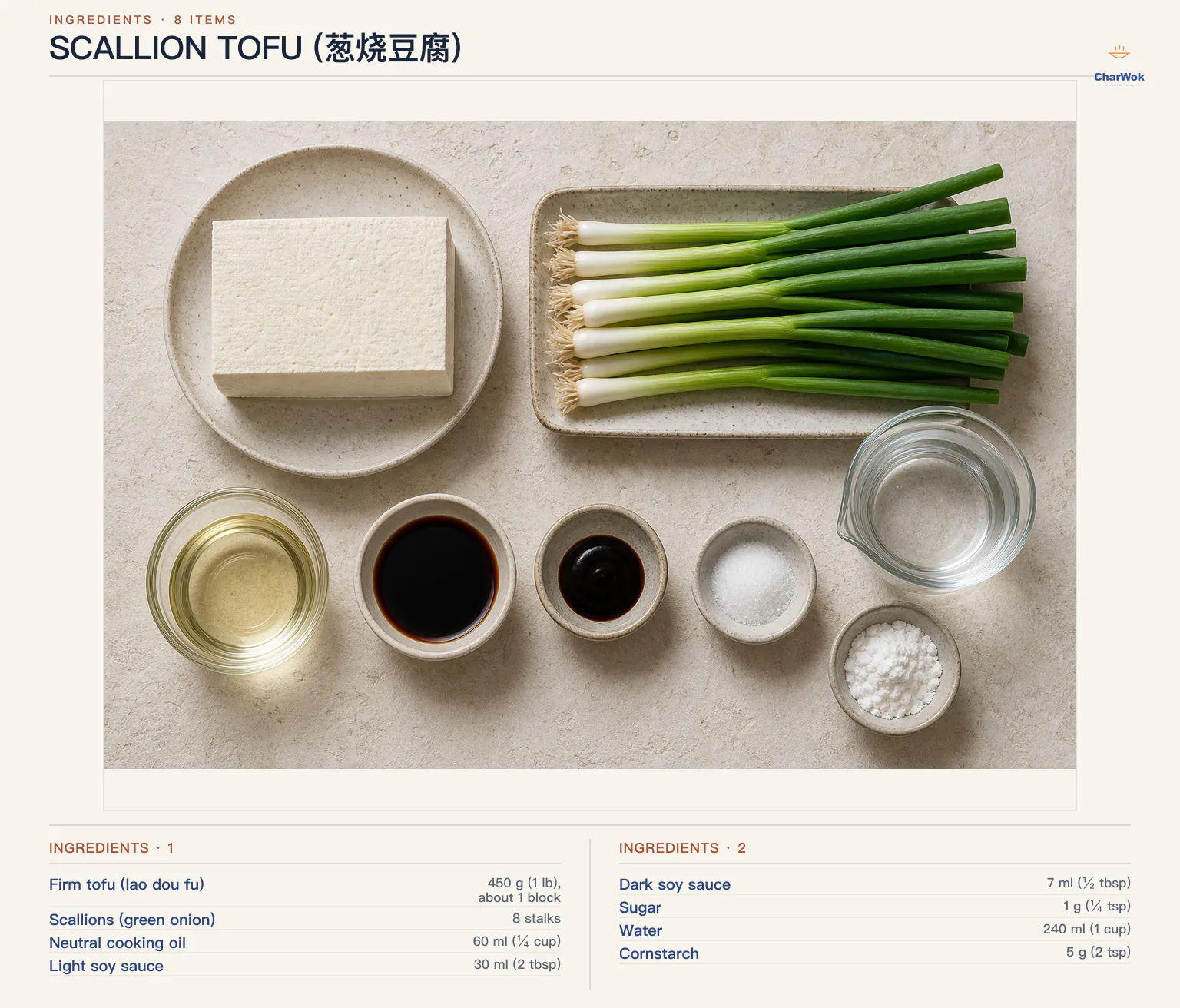 Ingredients for Scallion Tofu (葱烧豆腐), arranged in a top-down flat lay