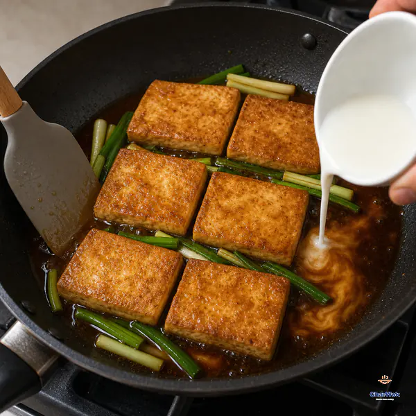 Milky cornstarch slurry pours into the empty edge of a pan holding six golden tofu slabs, scallion greens and glossy soy sauce
