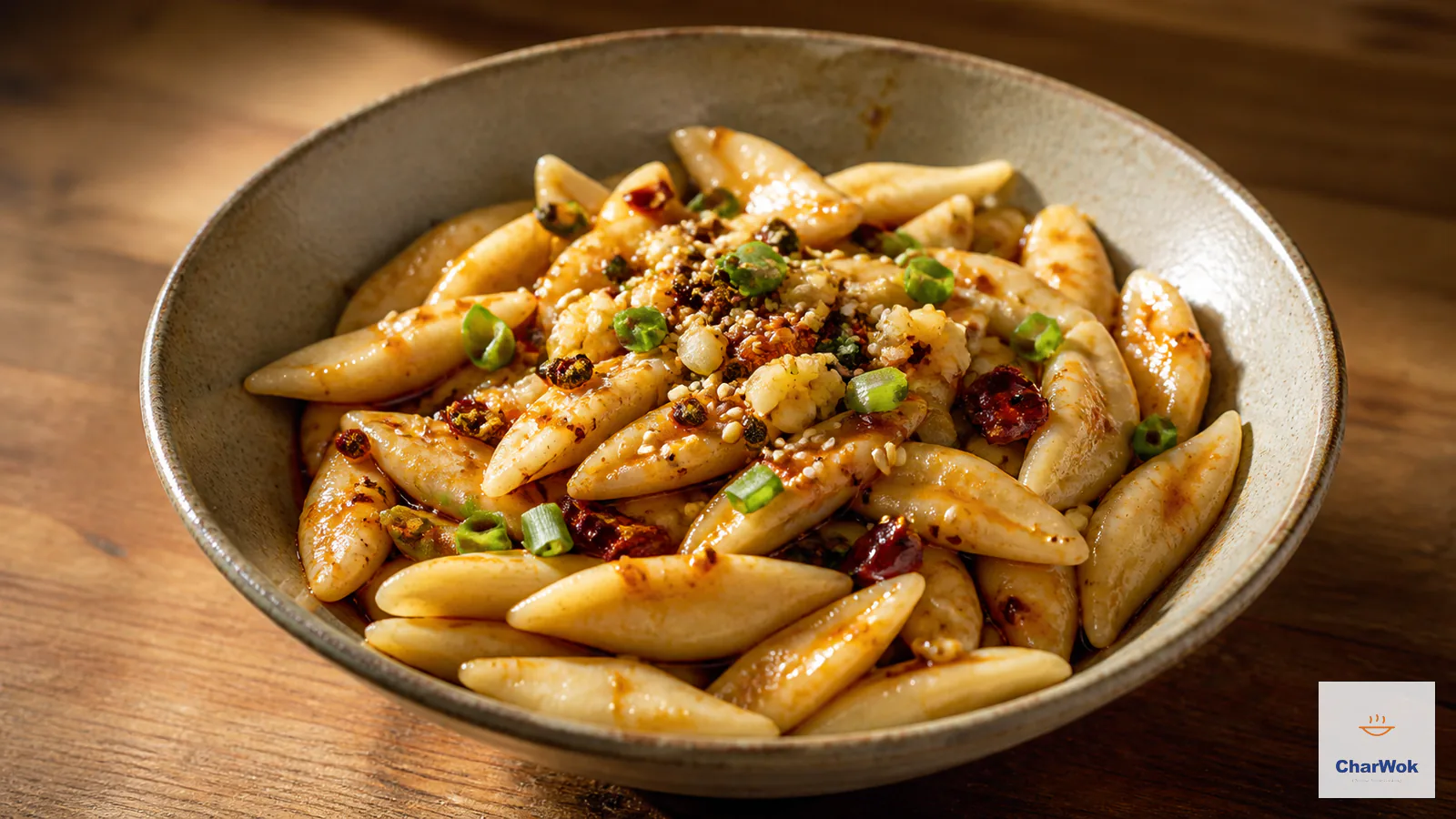 Oil-splashed scissor-cut noodles with curled chewy ribbons, baby bok choy and a vivid chili-garlic topping