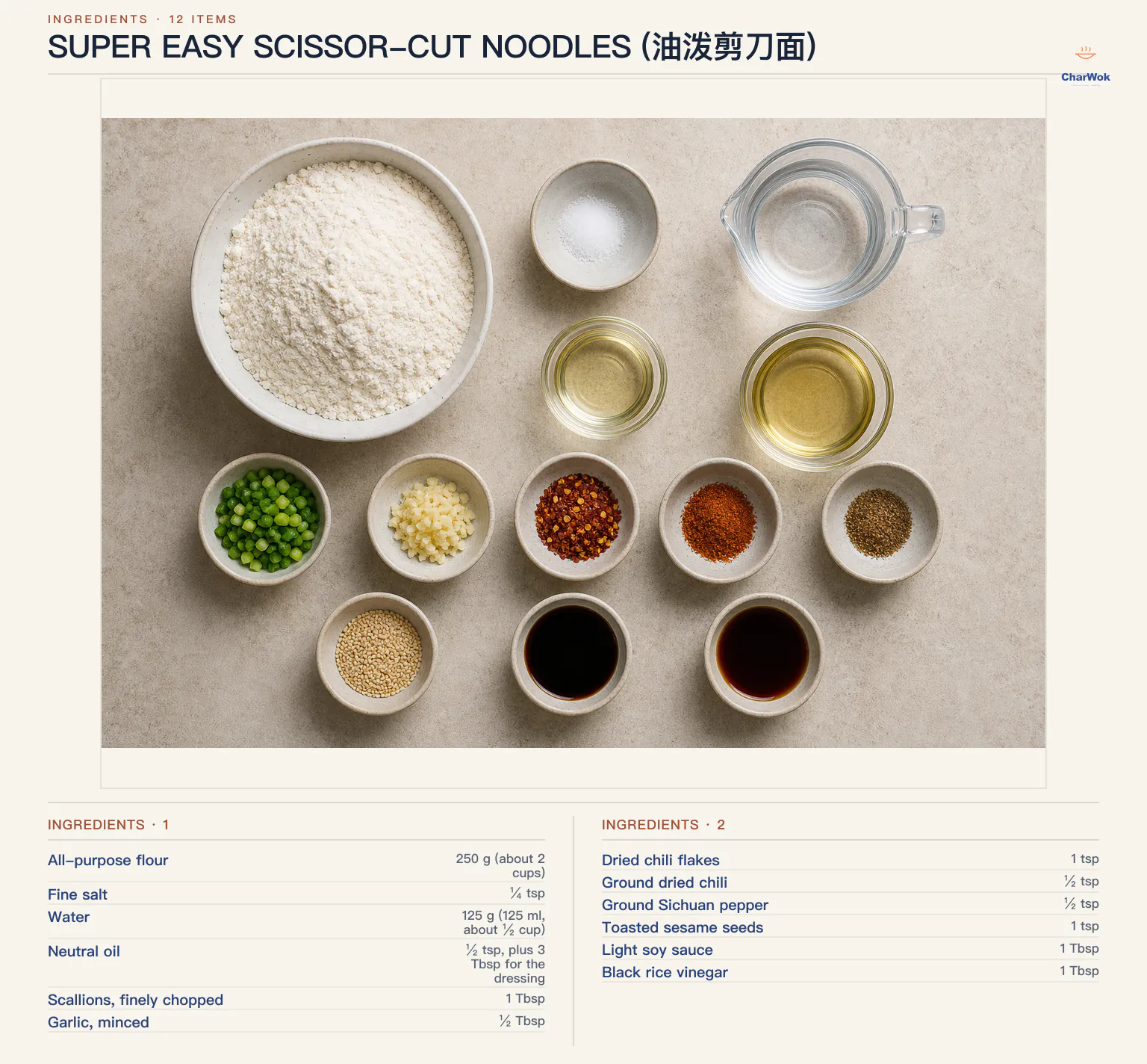 Ingredients for Super Easy Scissor-Cut Noodles (油泼剪刀面), arranged in a top-down flat lay