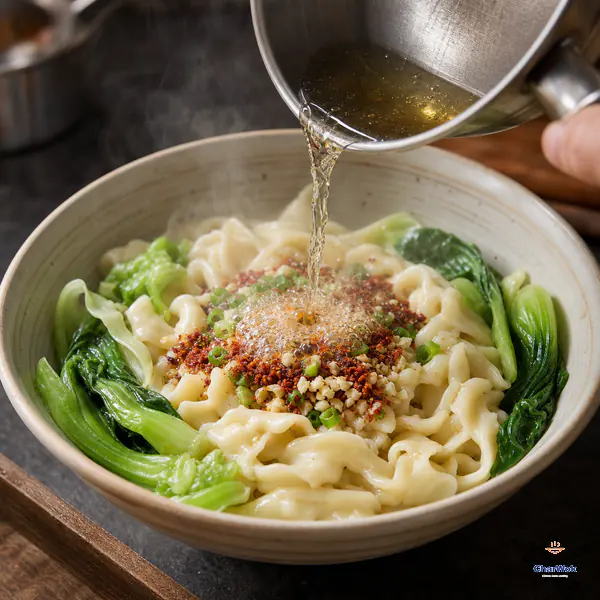 Clear shimmering oil pours in one stream onto a compact mound of scallion, garlic, chili, Sichuan pepper and sesame over drained scissor-cut noodles with no smoke present