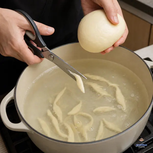 Kitchen shears cut a short tapered ribbon from an oiled dough ball over gently simmering water where irregular noodles curl below the surface