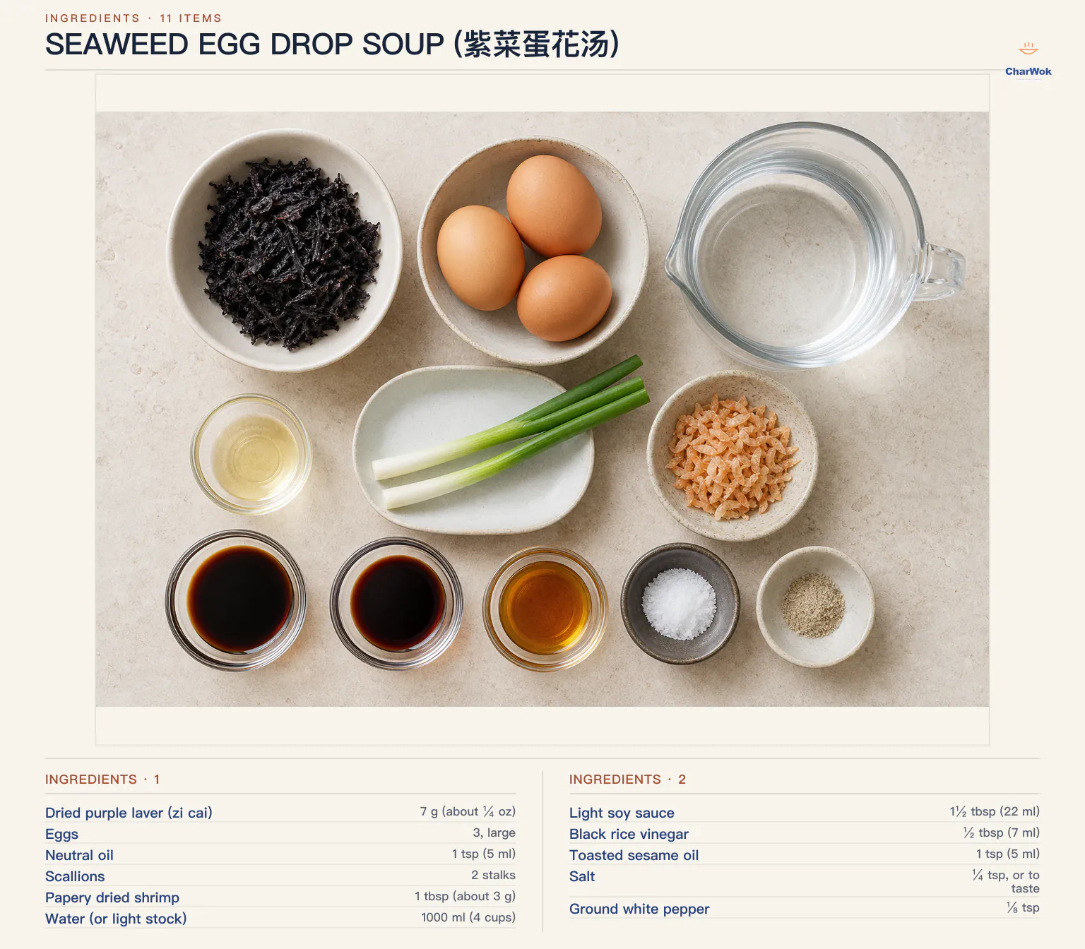 Ingredients for Seaweed Egg Drop Soup (紫菜蛋花汤), arranged in a top-down flat lay