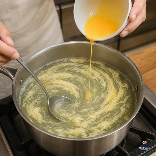 Beaten egg pours in one hair-thin stream while a soup spoon swirls clear lively broth in one direction and long pale ribbons form