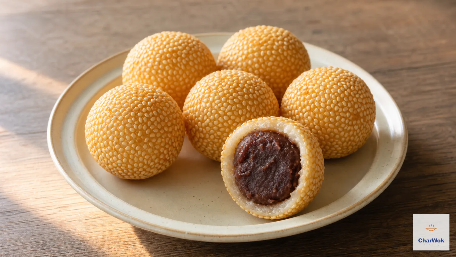 Deep-golden sesame balls with an even white-sesame crust and a hollow chewy shell around red bean paste