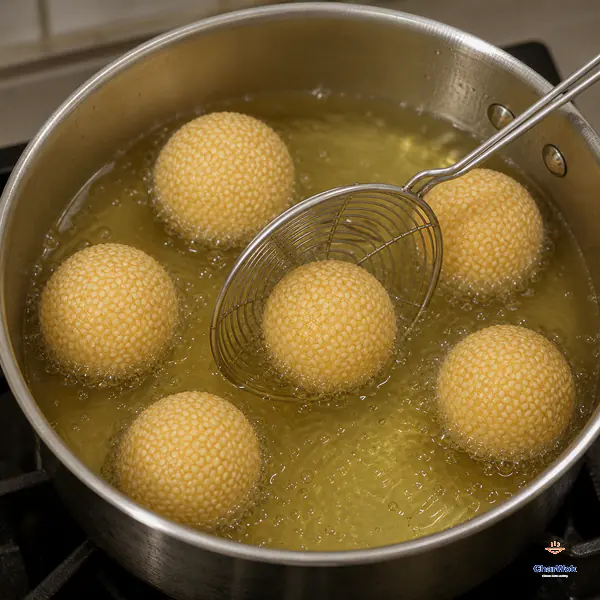 A spider skimmer presses one of six pale sesame-coated balls below gently bubbling oil while the round balls float with space around them